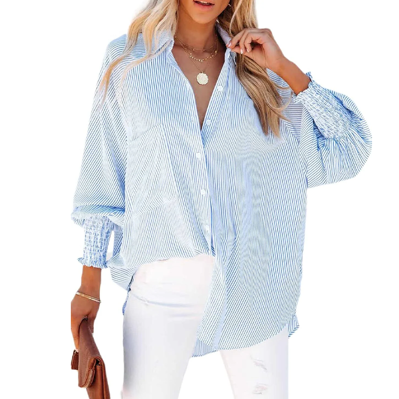 LIMITED STOCK🔥Women's pleated cuffs striped shirt with pockets and casual collar