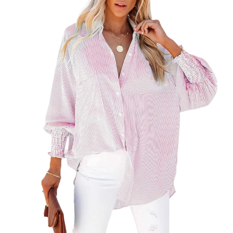 🔥Buy More Save More!🔥Women's pleated cuffs striped shirt with pockets and casual collar