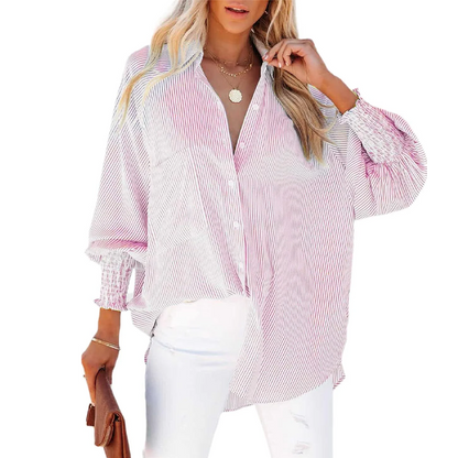 🔥Buy More Save More!🔥Women's pleated cuffs striped shirt with pockets and casual collar