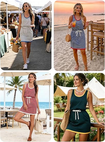 Womens Summer Sleeveless Drawstring Waist Casual Tank Mini Dresses with Pockets