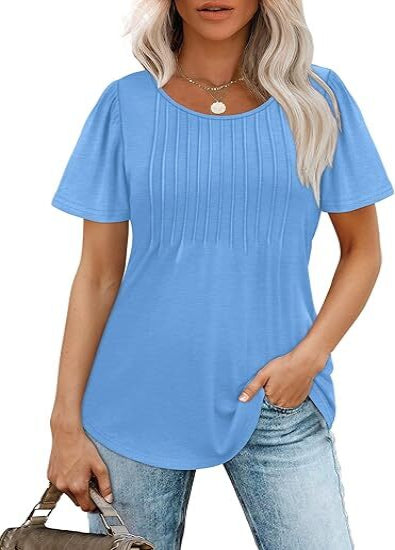 🔥2026 Clearance Item🔥Womens T Shirts Short Sleeve Pleated Dressy Casual Scooped Neck Summer Tops Blouses