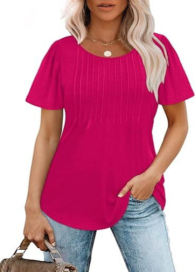 🔥2026 Clearance Item🔥Womens T Shirts Short Sleeve Pleated Dressy Casual Scooped Neck Summer Tops Blouses