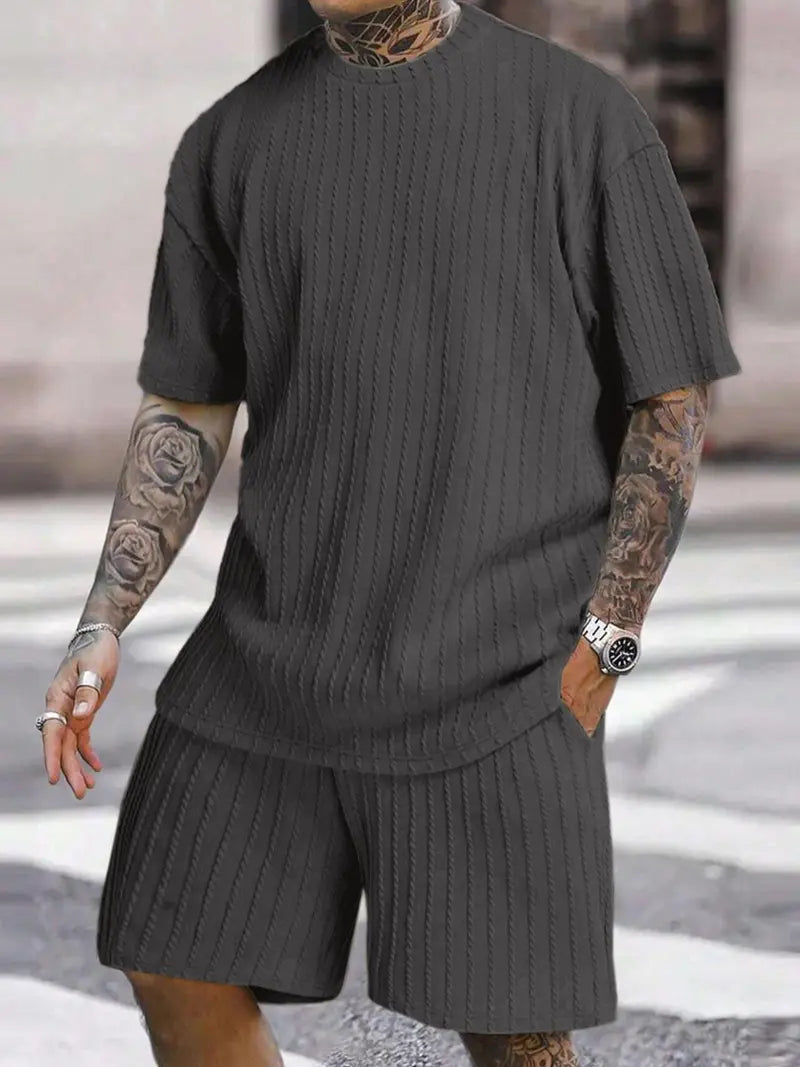 🔥Last day promotion🔥Men’s Streetwear 2-Piece Set – Soft Textured Knit Oversized Tee & Drawstring Shorts