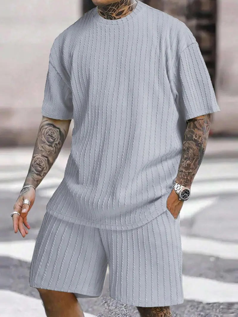 🔥Last day promotion🔥Men’s Streetwear 2-Piece Set – Soft Textured Knit Oversized Tee & Drawstring Shorts