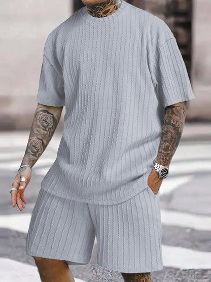 🔥Last day promotion🔥Men’s Streetwear 2-Piece Set – Soft Textured Knit Oversized Tee & Drawstring Shorts