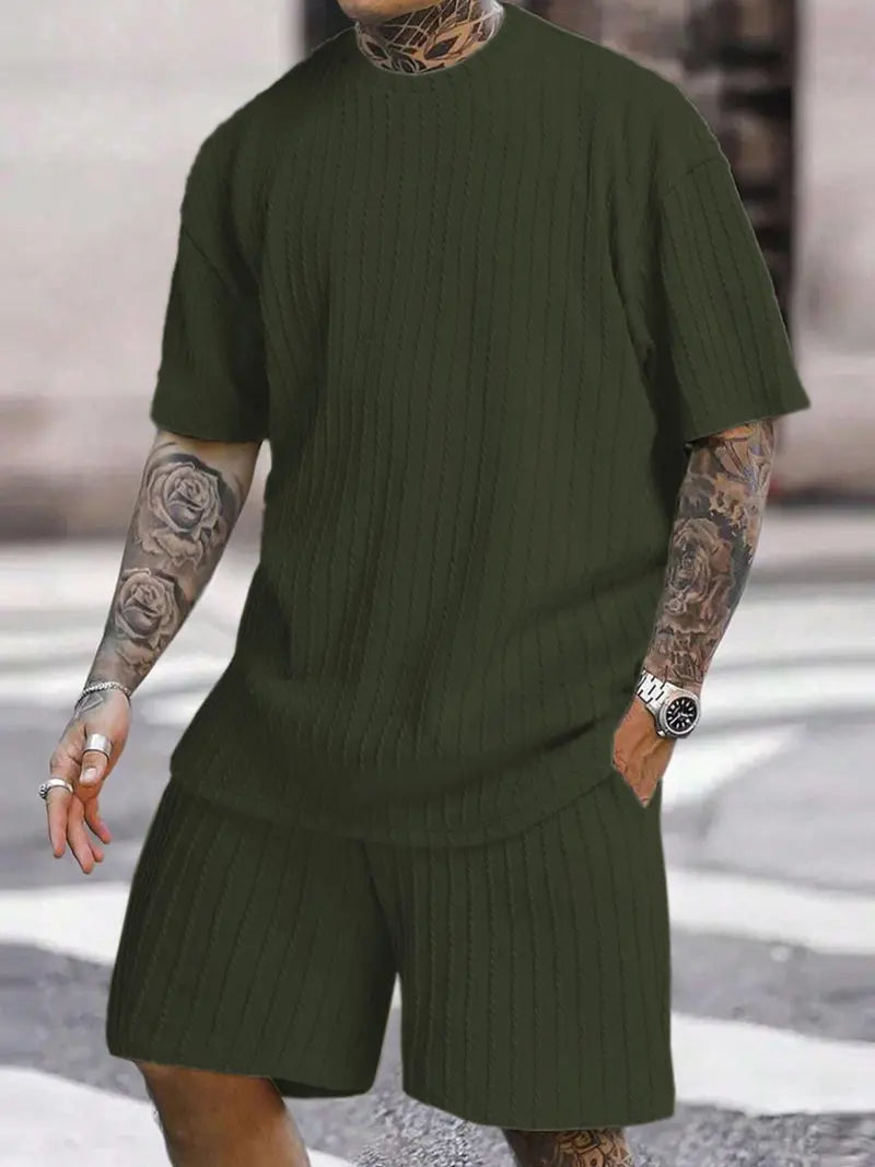 🔥Last day promotion🔥Men’s Streetwear 2-Piece Set – Soft Textured Knit Oversized Tee & Drawstring Shorts