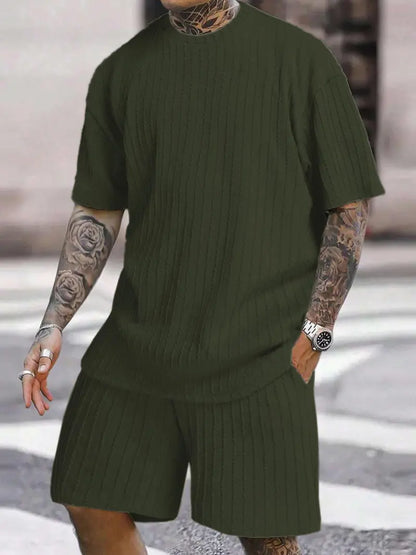 🔥Last day promotion🔥Men’s Streetwear 2-Piece Set – Soft Textured Knit Oversized Tee & Drawstring Shorts
