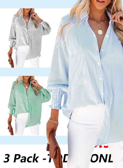 🔥Last day promotion🔥Women's pleated cuffs striped shirt with pockets and casual collar