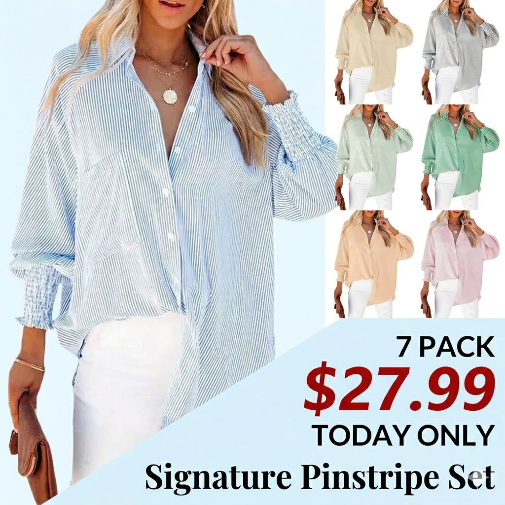 🔥Buy More Save More!🔥Women's pleated cuffs striped shirt with pockets and casual collar