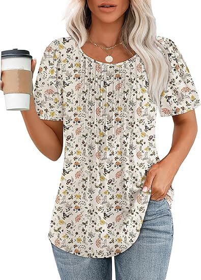 🔥2026 Clearance Item🔥Womens T Shirts Short Sleeve Pleated Dressy Casual Scooped Neck Summer Tops Blouses