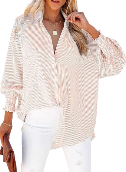 🔥Last day promotion🔥Women's pleated cuffs striped shirt with pockets and casual collar