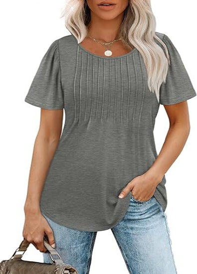 🔥2026 Clearance Item🔥Womens T Shirts Short Sleeve Pleated Dressy Casual Scooped Neck Summer Tops Blouses
