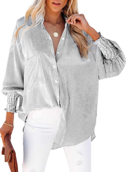 🔥Last day promotion🔥Women's pleated cuffs striped shirt with pockets and casual collar