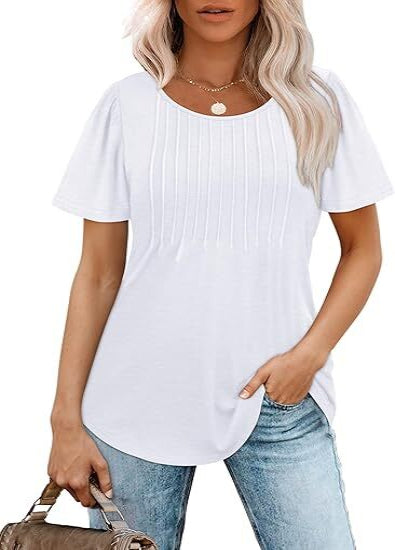 🔥2026 Clearance Item🔥Womens T Shirts Short Sleeve Pleated Dressy Casual Scooped Neck Summer Tops Blouses
