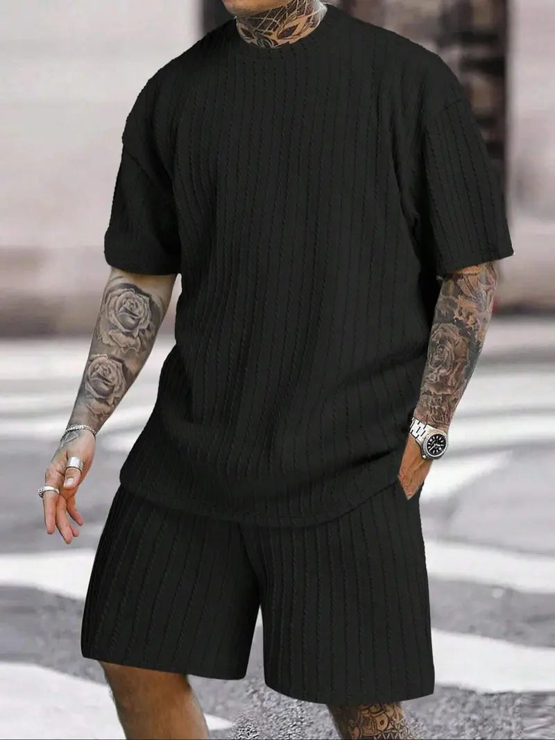 🔥Last day promotion🔥Men’s Streetwear 2-Piece Set – Soft Textured Knit Oversized Tee & Drawstring Shorts