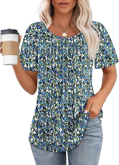 🔥2026 Clearance Item🔥Womens T Shirts Short Sleeve Pleated Dressy Casual Scooped Neck Summer Tops Blouses